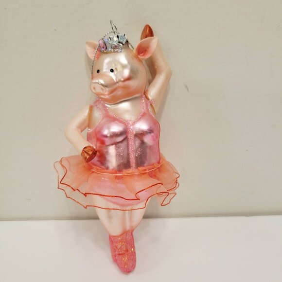Pink Dancing Ballerina Pig Tutu Crown Sparkling Glass Holiday Christmas Ornament - Picture 1 of 7